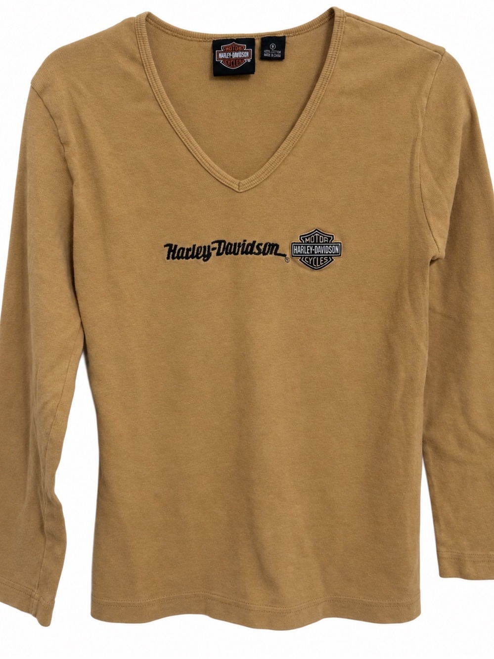 Harley-Davidson Woman’s, Large, Tan V-Neck Long Sleeve Top with Chest Logo🖤